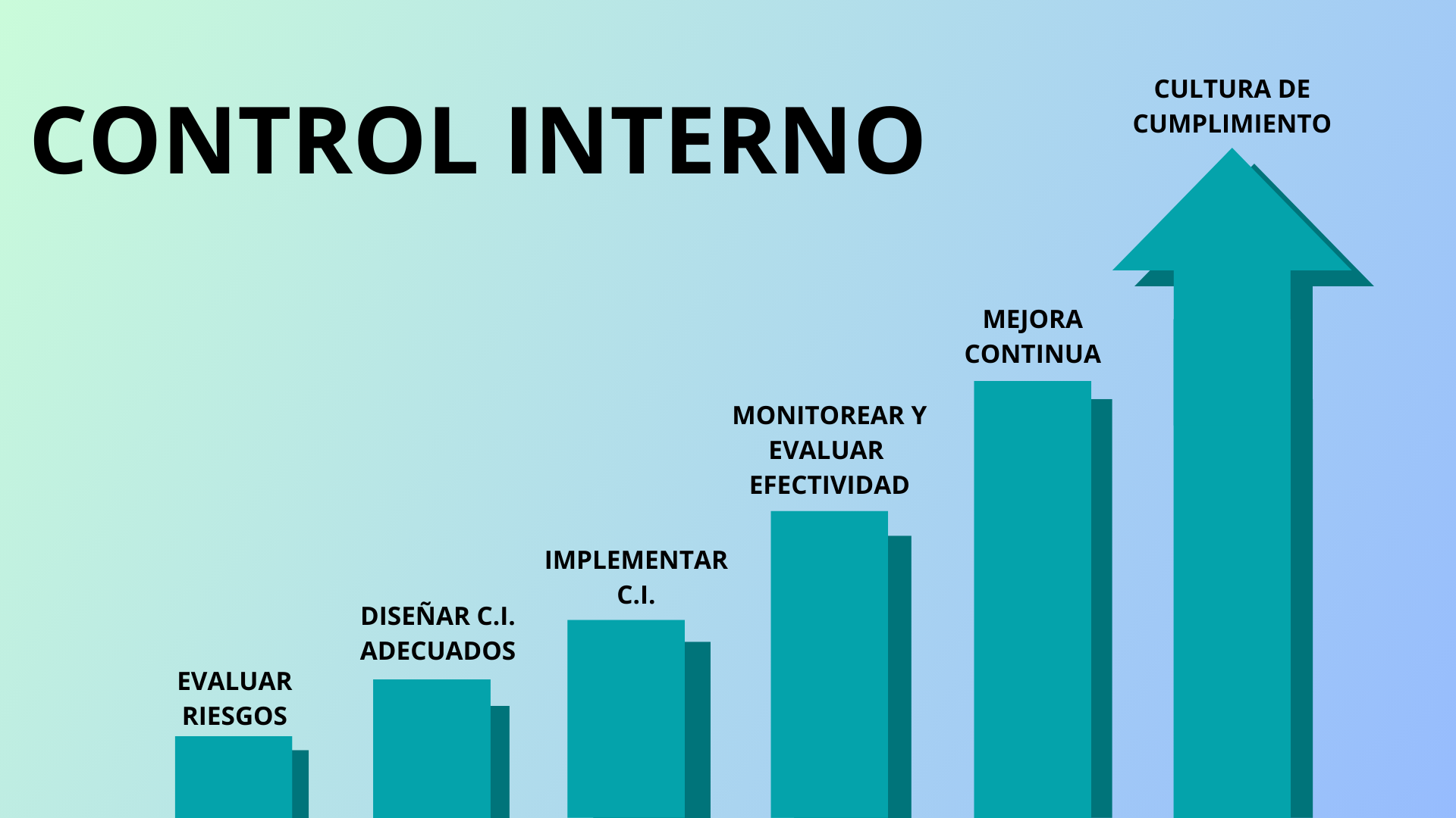C.I. Control Interno: Evaluar Riesgos, Diseñar Controles internos adecuados, Implementar controles internos, monitorear y evaluar efectividad, mejora continua, cultura de cumplimiento.